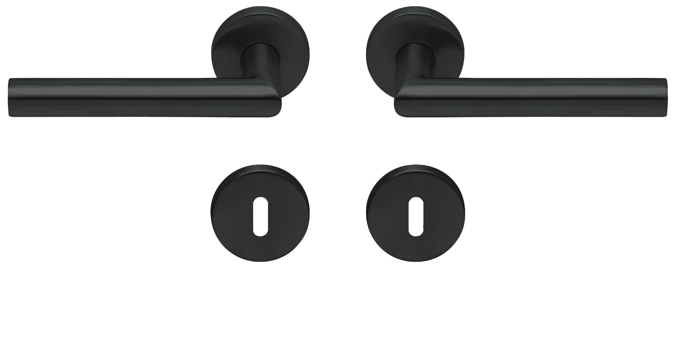 Türdrücker Modell Form 1106 Edelstahl schwarz Matt, auf Rundrosette, Buntbart